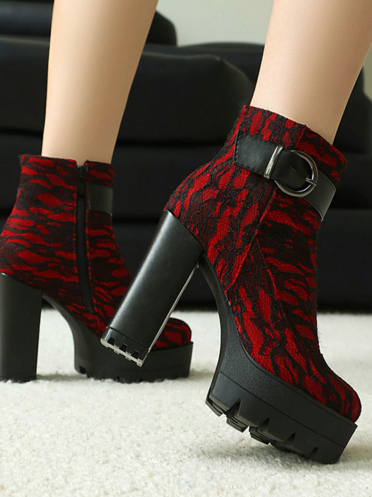 Vintage Lace Chunky Heel Platform Ankle Boots