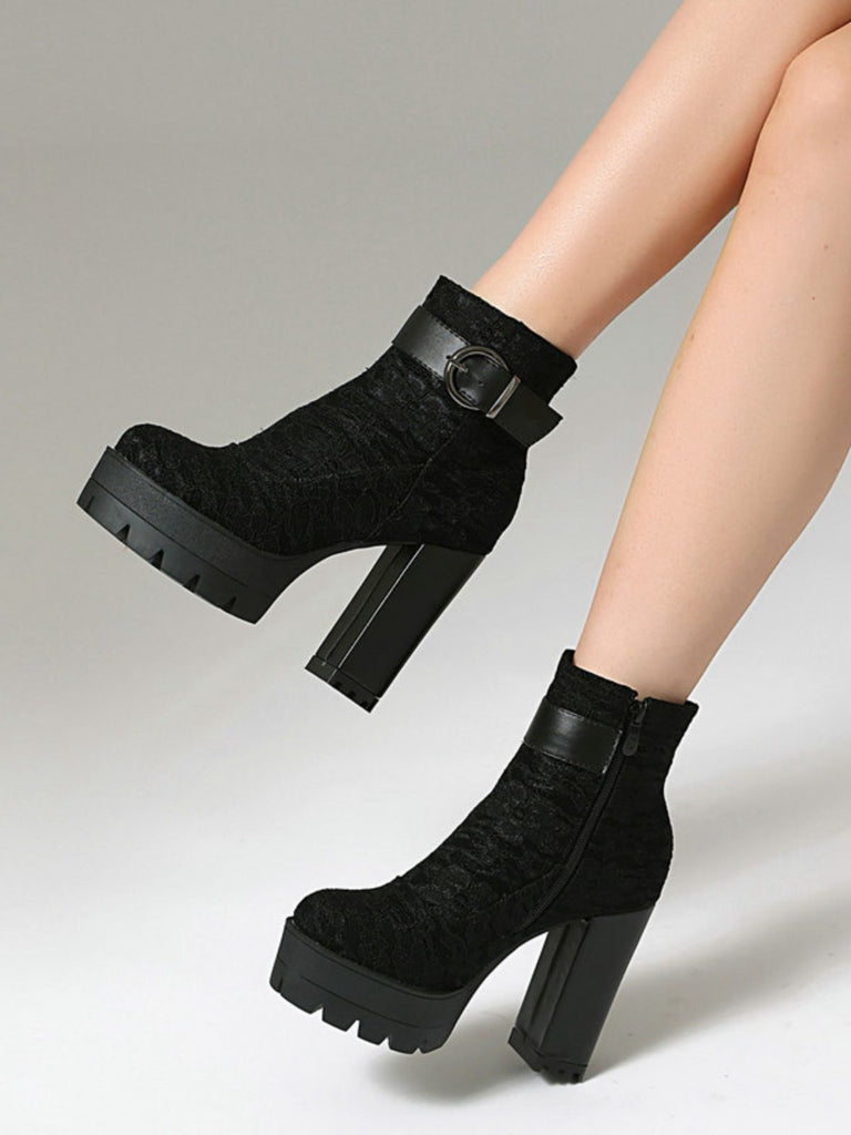 Vintage Lace Chunky Heel Platform Ankle Boots