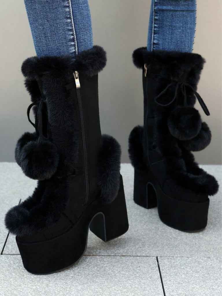Vintage Faux Fur Round Toe High Heel Boots