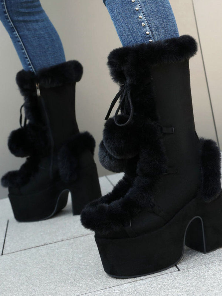 Vintage Faux Fur Round Toe High Heel Boots