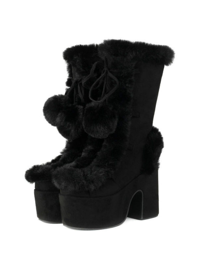 Vintage Faux Fur Round Toe High Heel Boots