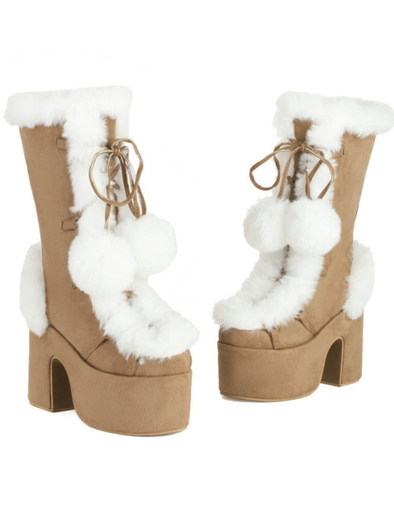 Vintage Faux Fur Round Toe High Heel Boots