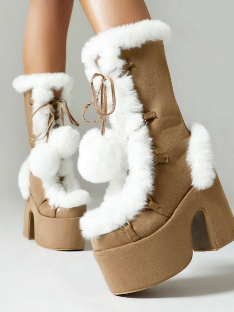 Vintage Faux Fur Round Toe High Heel Boots