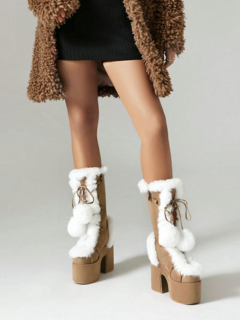 Vintage Faux Fur Round Toe High Heel Boots