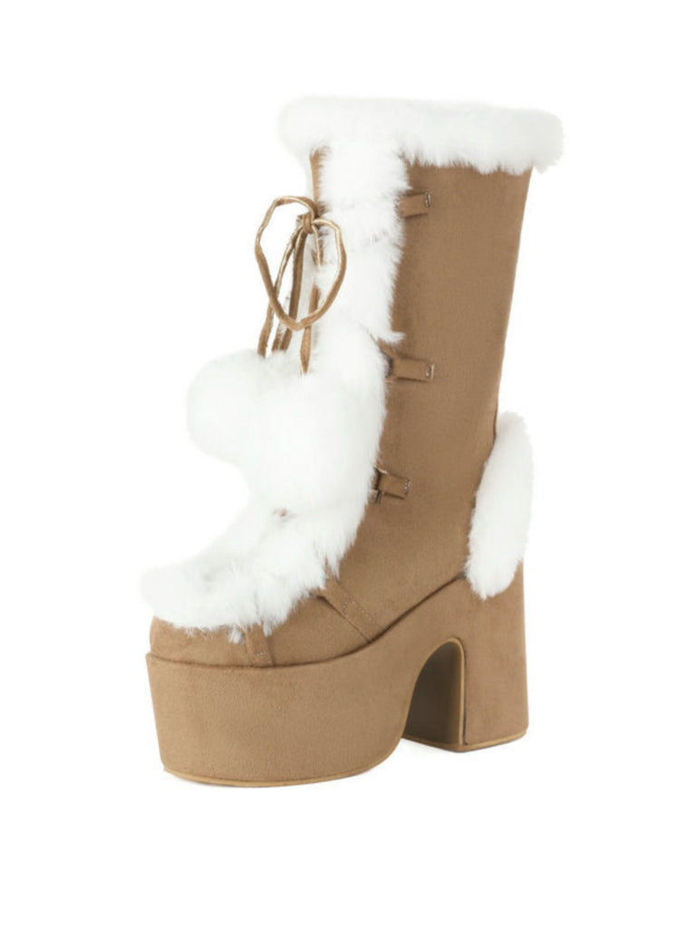 Vintage Faux Fur Round Toe High Heel Boots