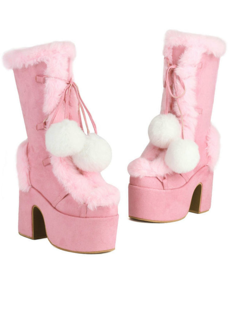Vintage Faux Fur Round Toe High Heel Boots