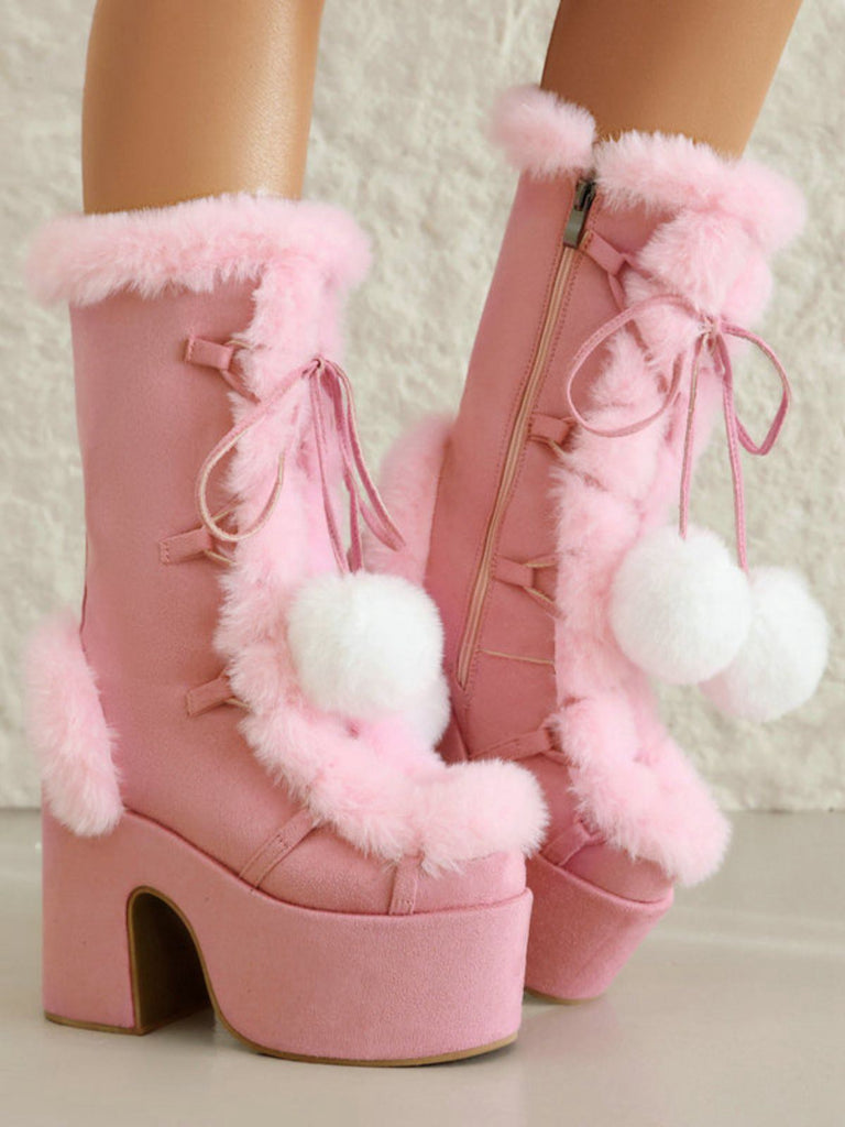 Vintage Faux Fur Round Toe High Heel Boots