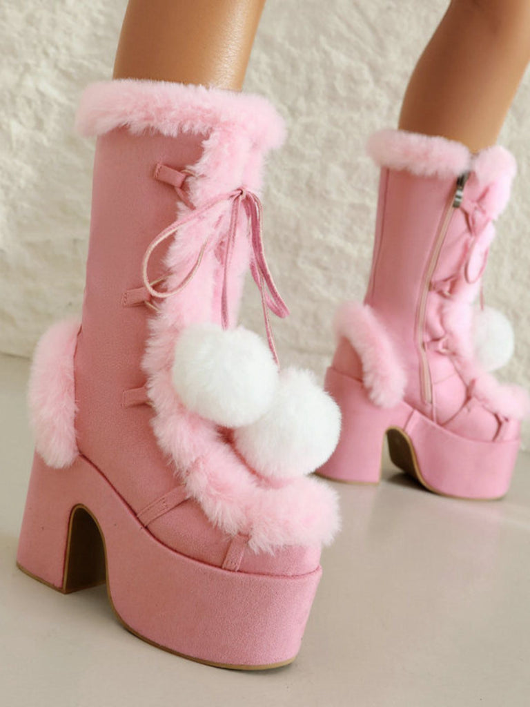Vintage Faux Fur Round Toe High Heel Boots
