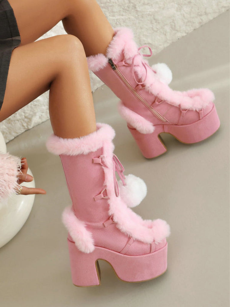 Vintage Faux Fur Round Toe High Heel Boots