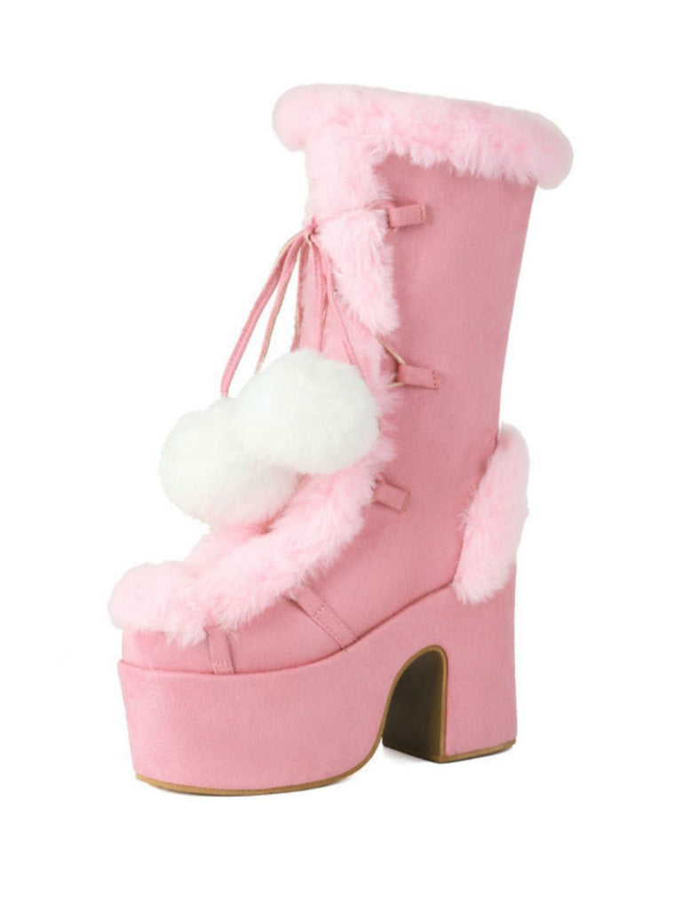 Vintage Faux Fur Round Toe High Heel Boots