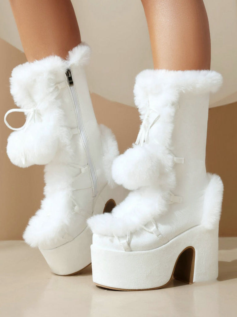 Vintage Faux Fur Round Toe High Heel Boots