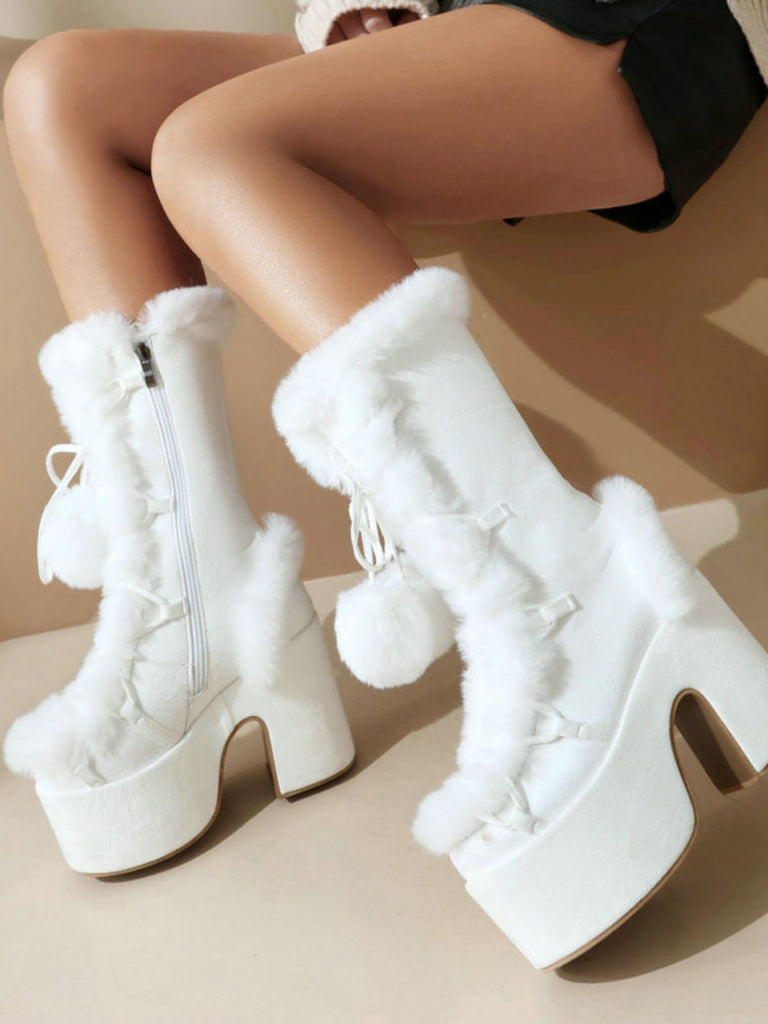 Vintage Faux Fur Round Toe High Heel Boots