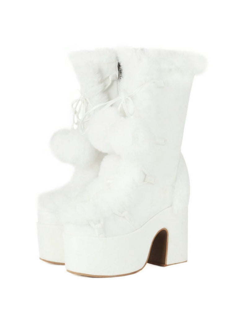 Vintage Faux Fur Round Toe High Heel Boots