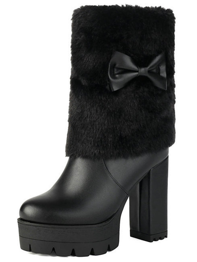 Vintage Bowknot Plush Chunky Heel Boots