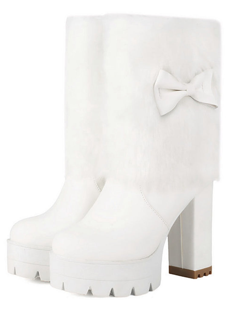 Vintage Bowknot Plush Chunky Heel Boots