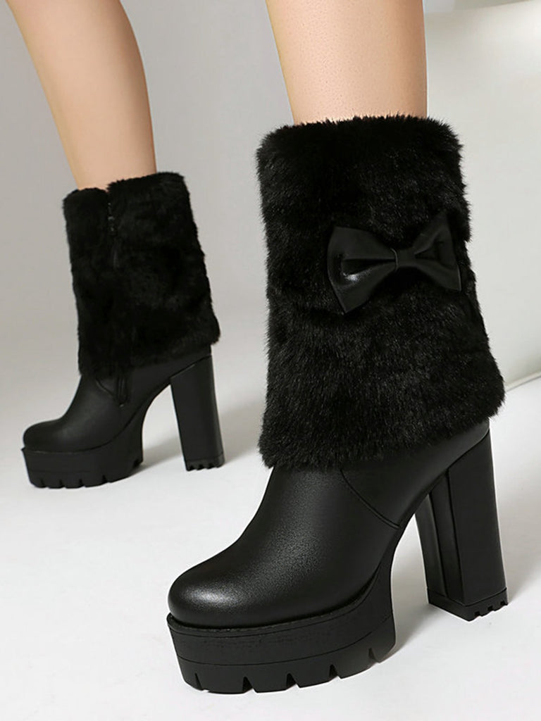 Vintage Bowknot Plush Chunky Heel Boots