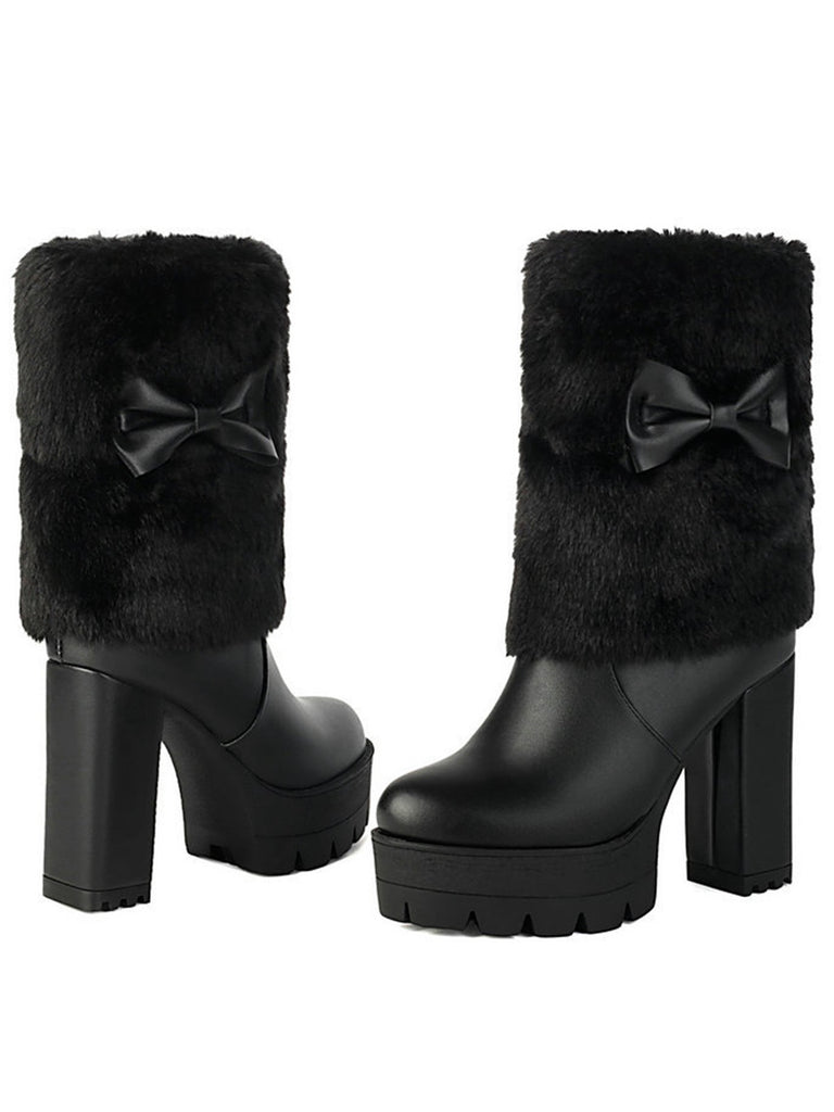 Vintage Bowknot Plush Chunky Heel Boots