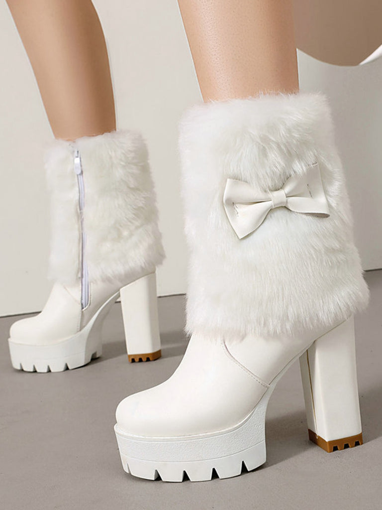Vintage Bowknot Plush Chunky Heel Boots
