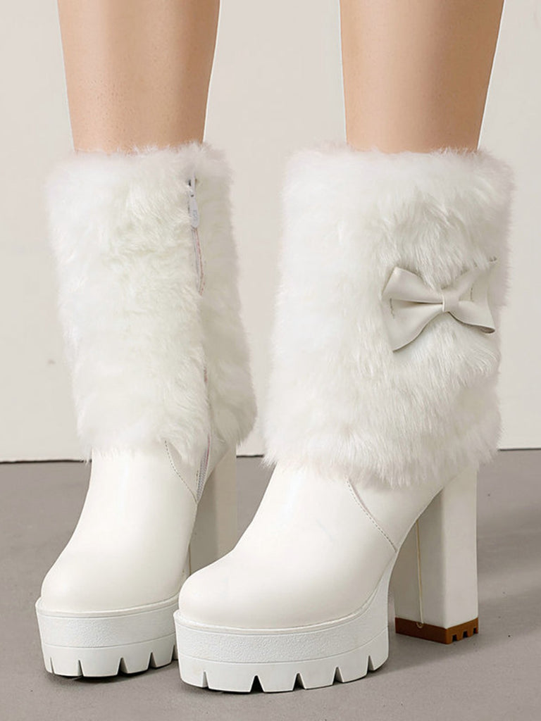 Vintage Bowknot Plush Chunky Heel Boots