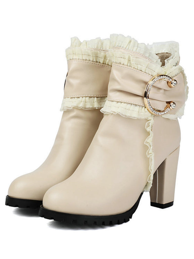 PU Leather Lace-Trimmed Chunky Heel Ankle Boots
