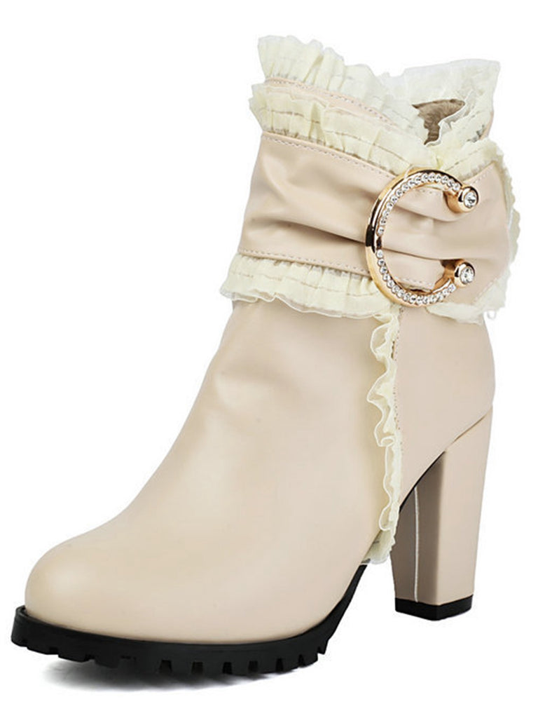 PU Leather Lace-Trimmed Chunky Heel Ankle Boots