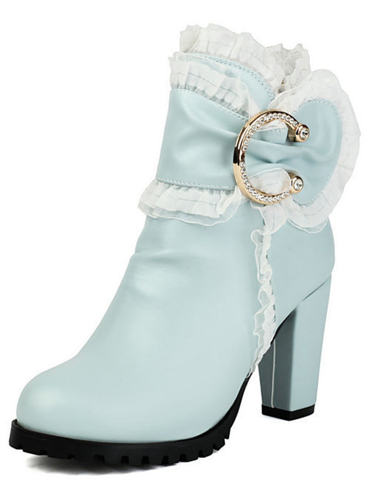 PU Leather Lace-Trimmed Chunky Heel Ankle Boots