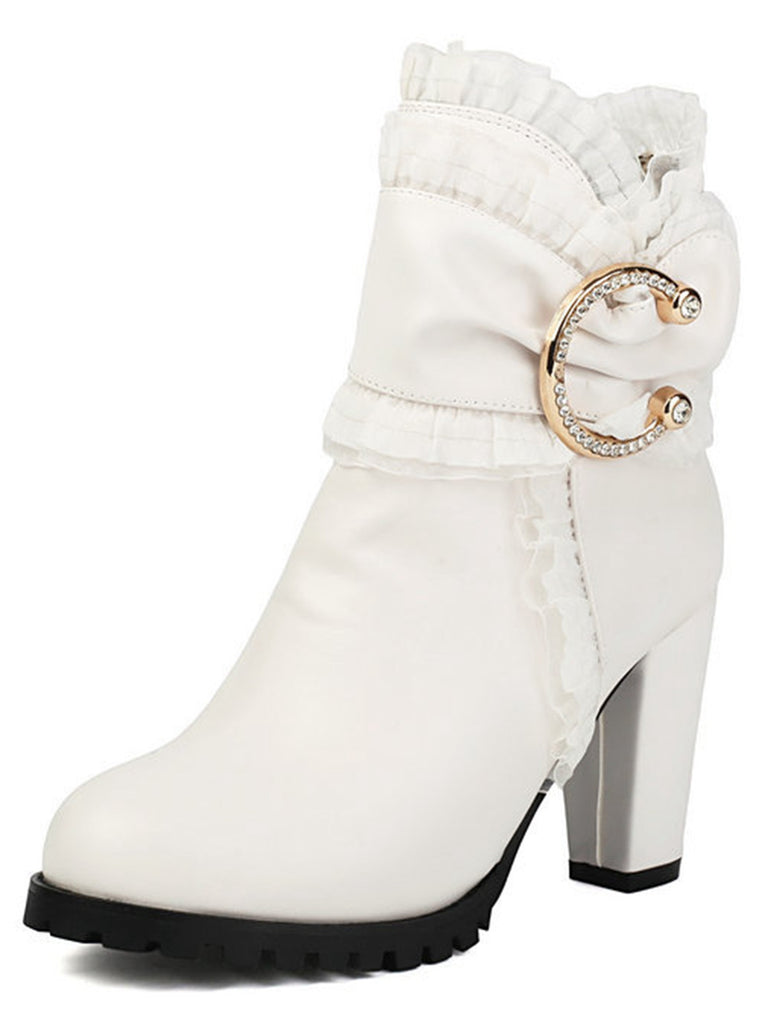 PU Leather Lace-Trimmed Chunky Heel Ankle Boots