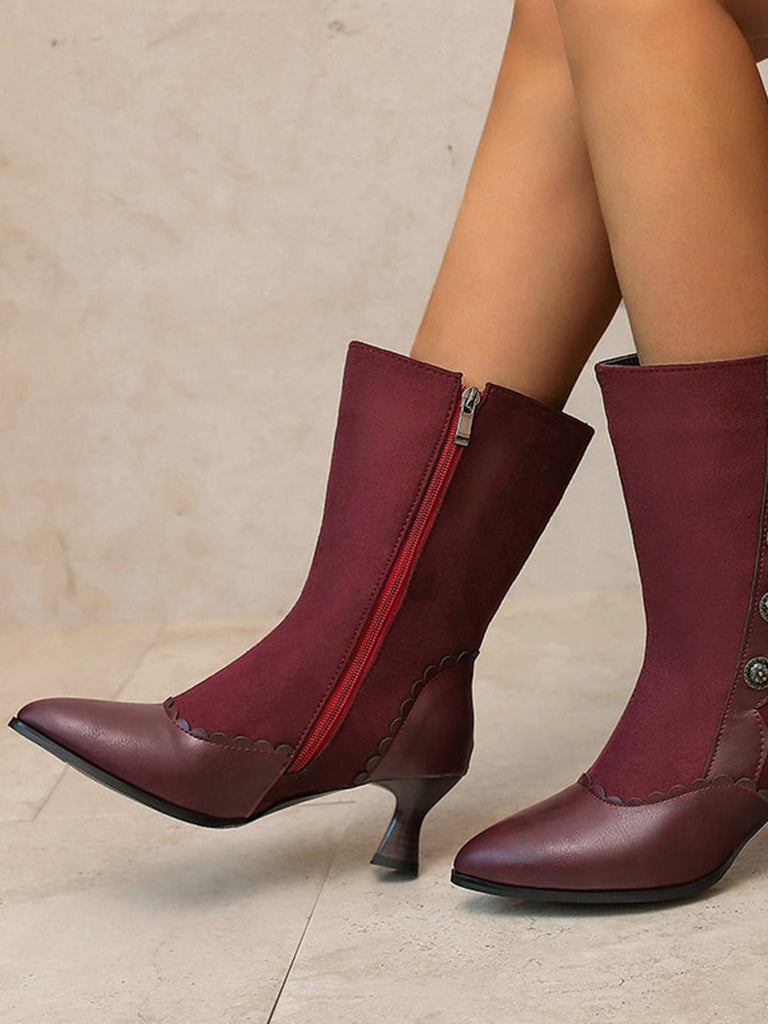 Vintage Leather Suede Button Mid Calf Boots