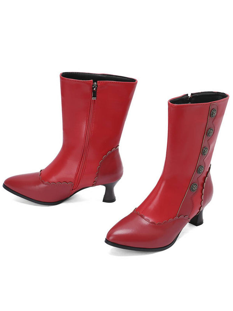 Vintage Leather Suede Button Mid Calf Boots