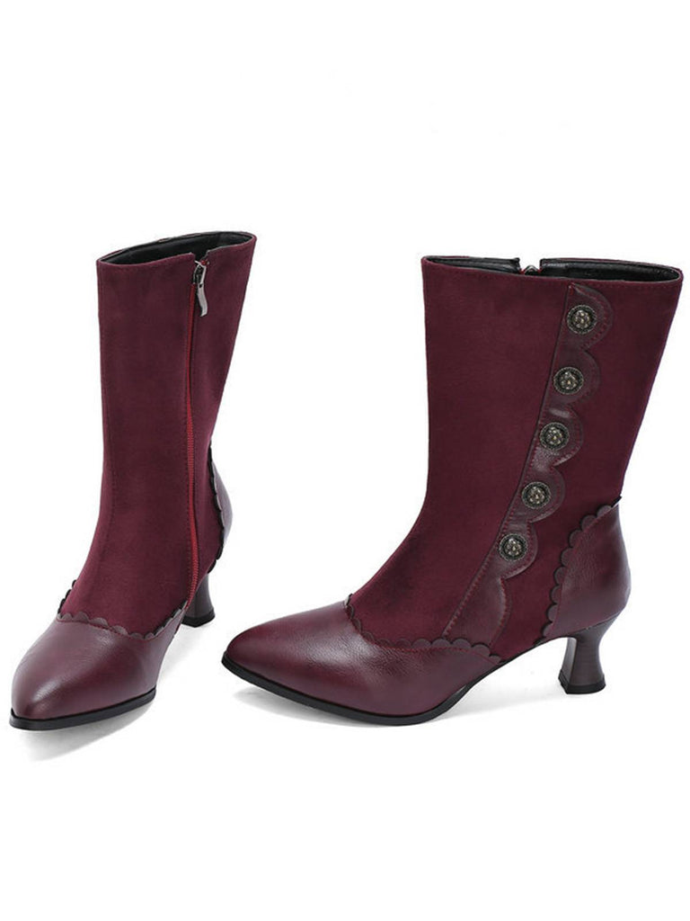 Vintage Leather Suede Button Mid Calf Boots