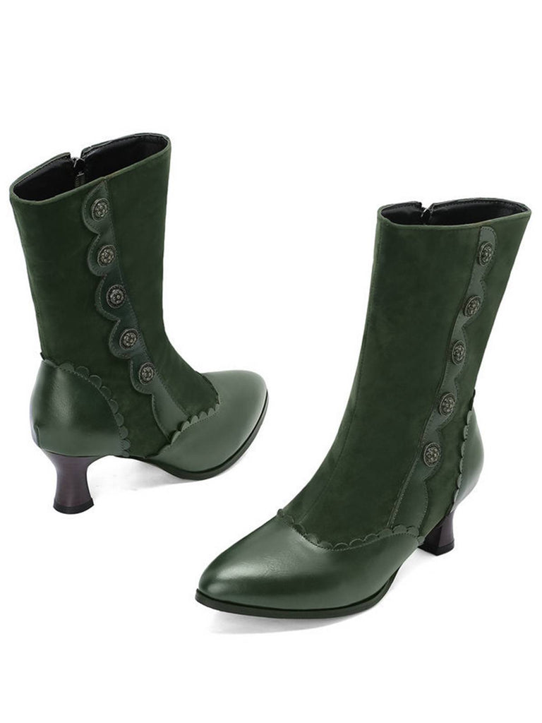 Vintage Leather Suede Button Mid Calf Boots