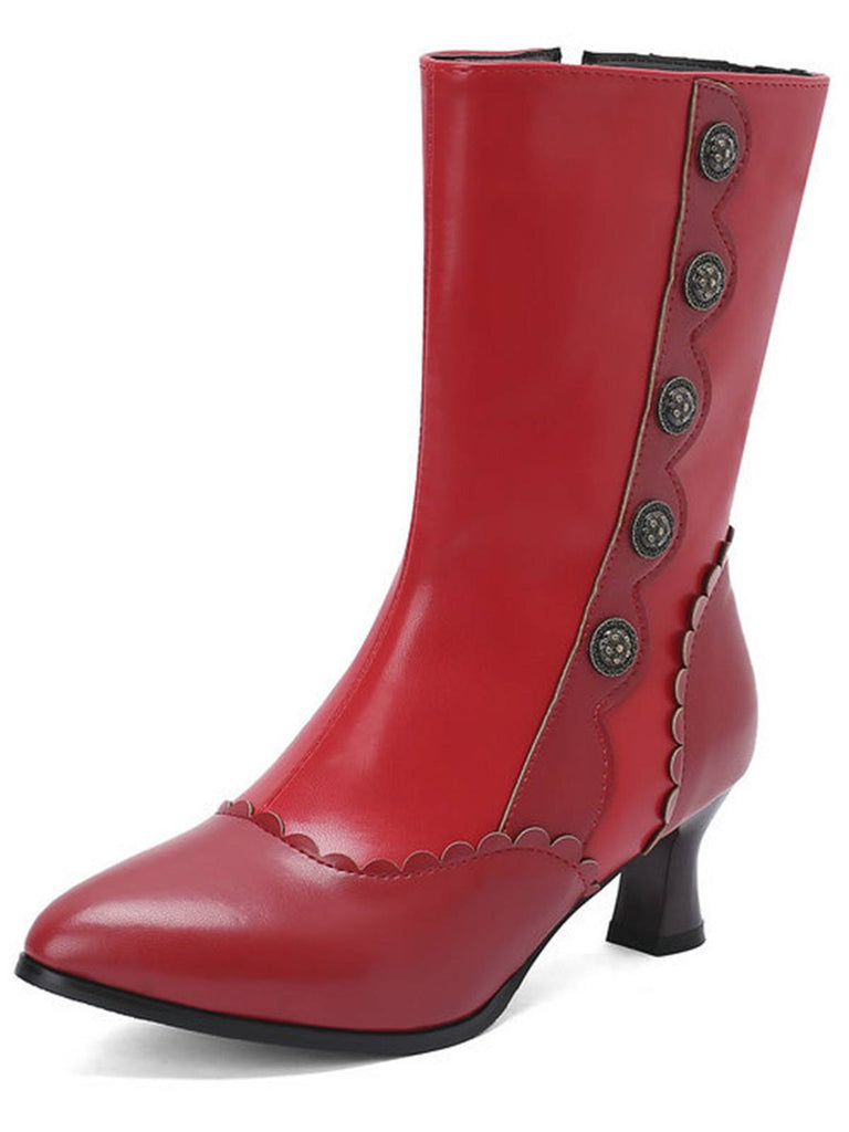Vintage Leather Suede Button Mid Calf Boots