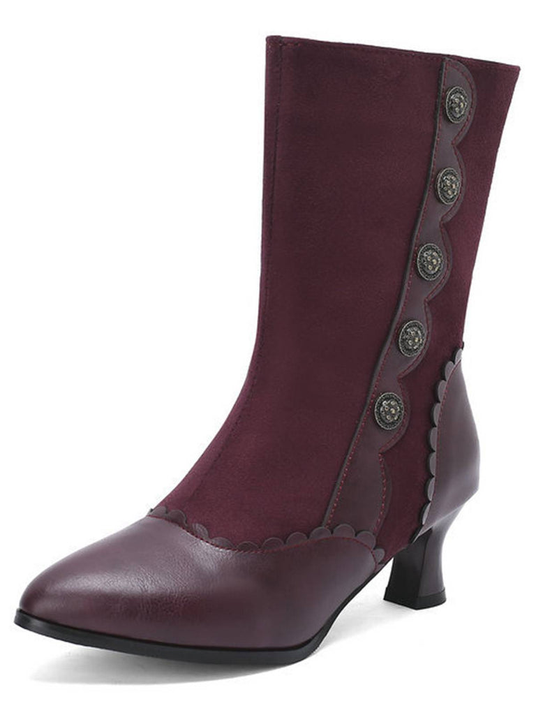 Vintage Leather Suede Button Mid Calf Boots