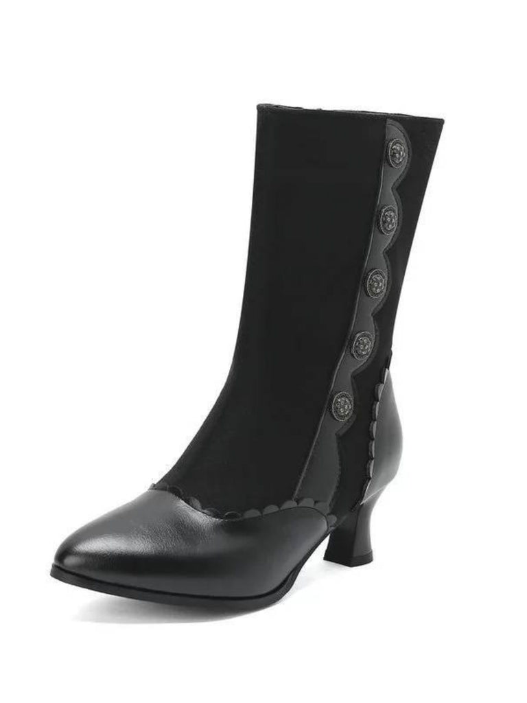 Vintage Leather Suede Button Mid Calf Boots