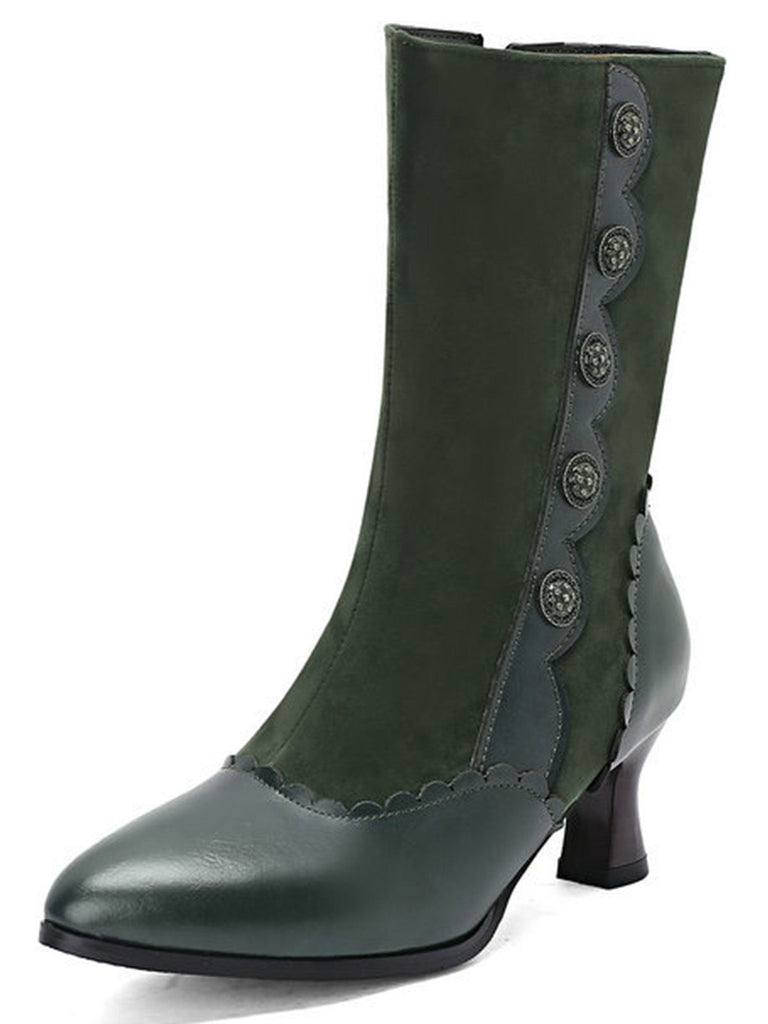 Vintage Leather Suede Button Mid Calf Boots