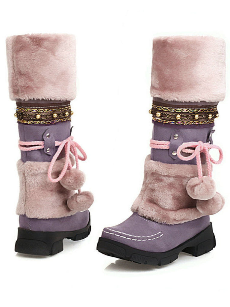Vintage Faux Fur Pom-Pom Winter Snow Boots
