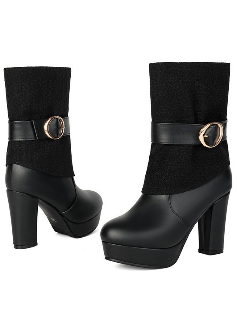 Solid PU Leather Ribbed Knit Patchwork High Heels