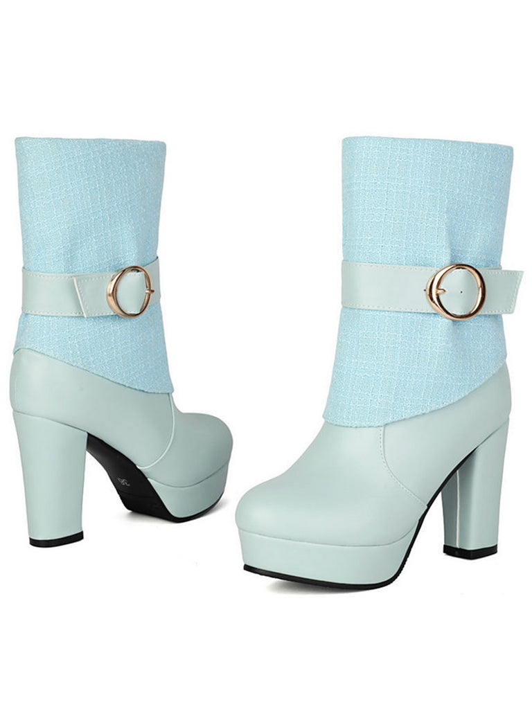 Solid PU Leather Ribbed Knit Patchwork High Heels