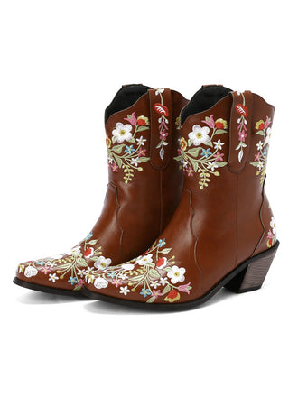 Vintage Pointed Embroidered Floral Chunky Heel Boots