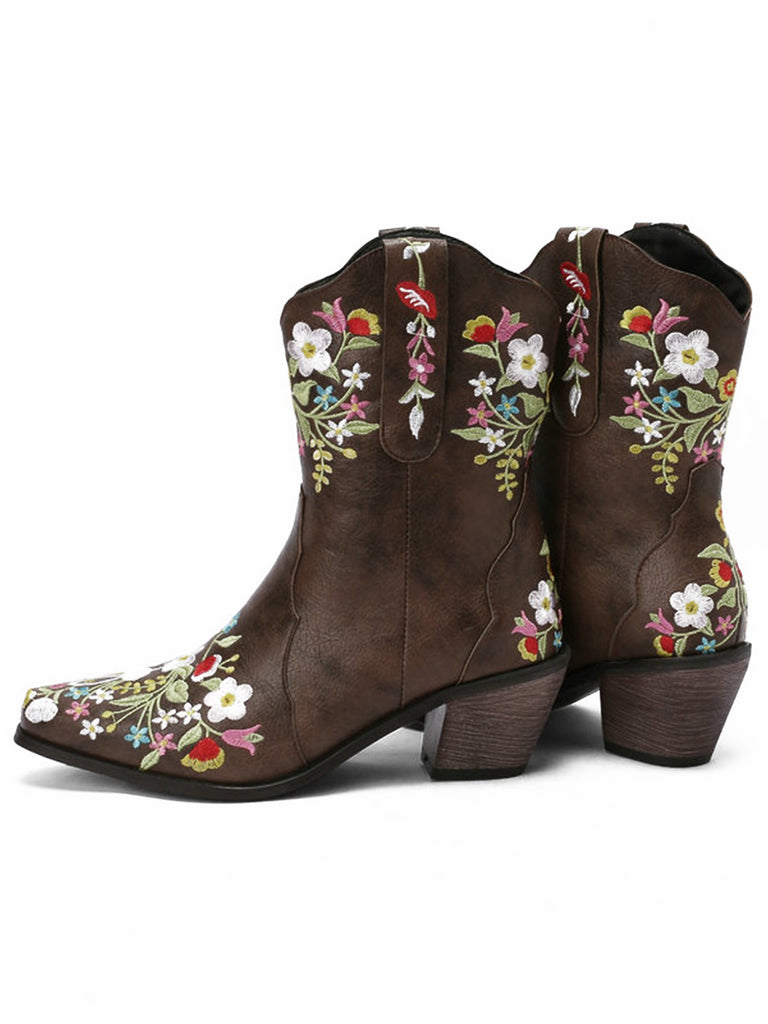 Vintage Pointed Embroidered Floral Chunky Heel Boots