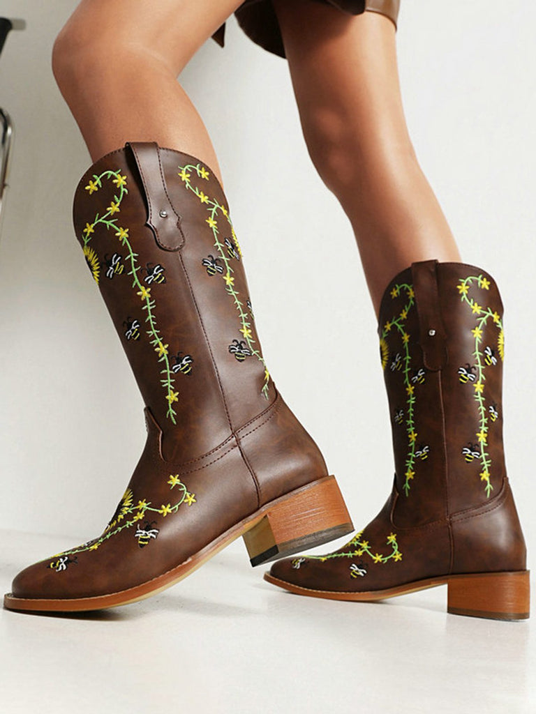 Brown Sunflower Embroidered Western Cowgirl Mid Calf Boots