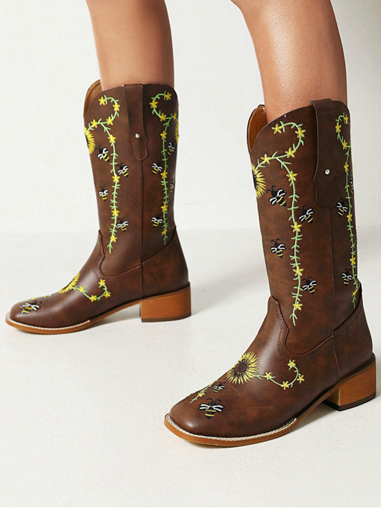 Brown Sunflower Embroidered Western Cowgirl Mid Calf Boots