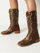 Brown Sunflower Embroidered Western Cowgirl Mid Calf Boots