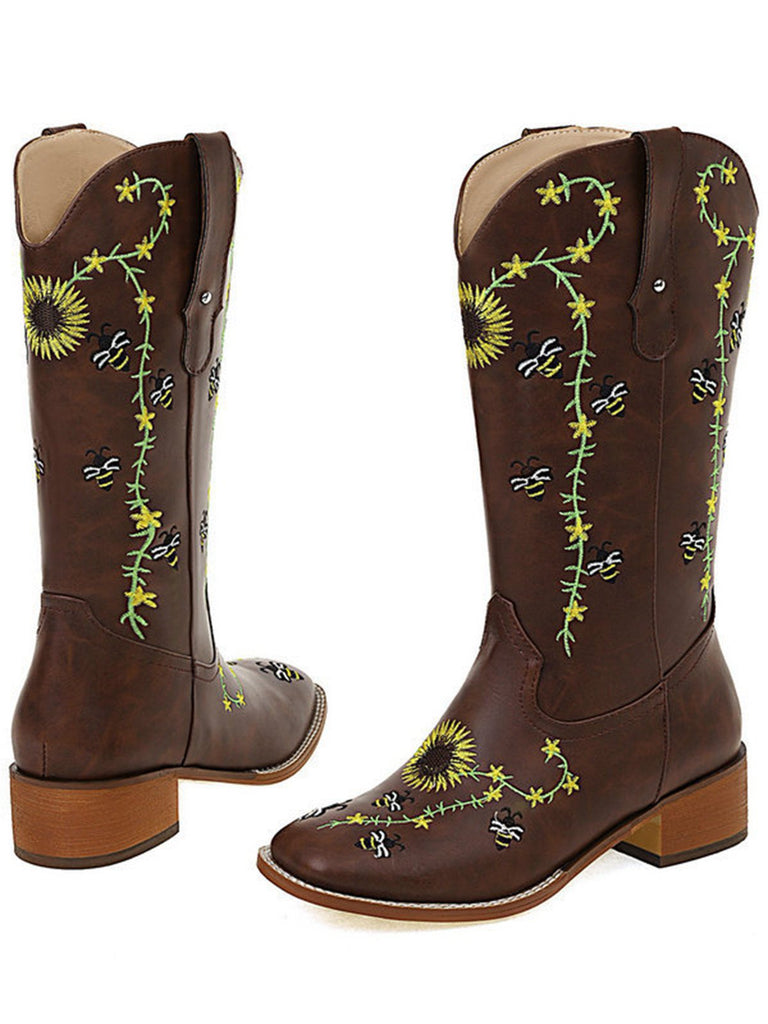 Brown Sunflower Embroidered Western Cowgirl Mid Calf Boots