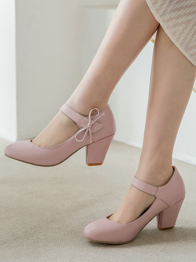 Retro Round Toe Solid Bowknot Chunky Heels