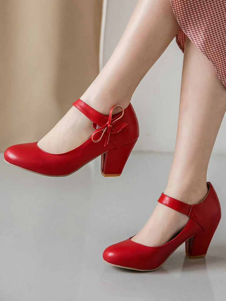 Retro Round Toe Solid Bowknot Chunky Heels