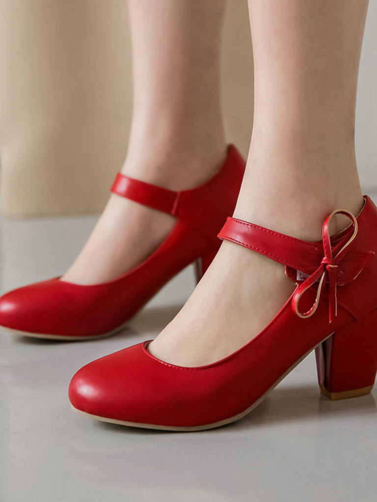 Retro Round Toe Solid Bowknot Chunky Heels