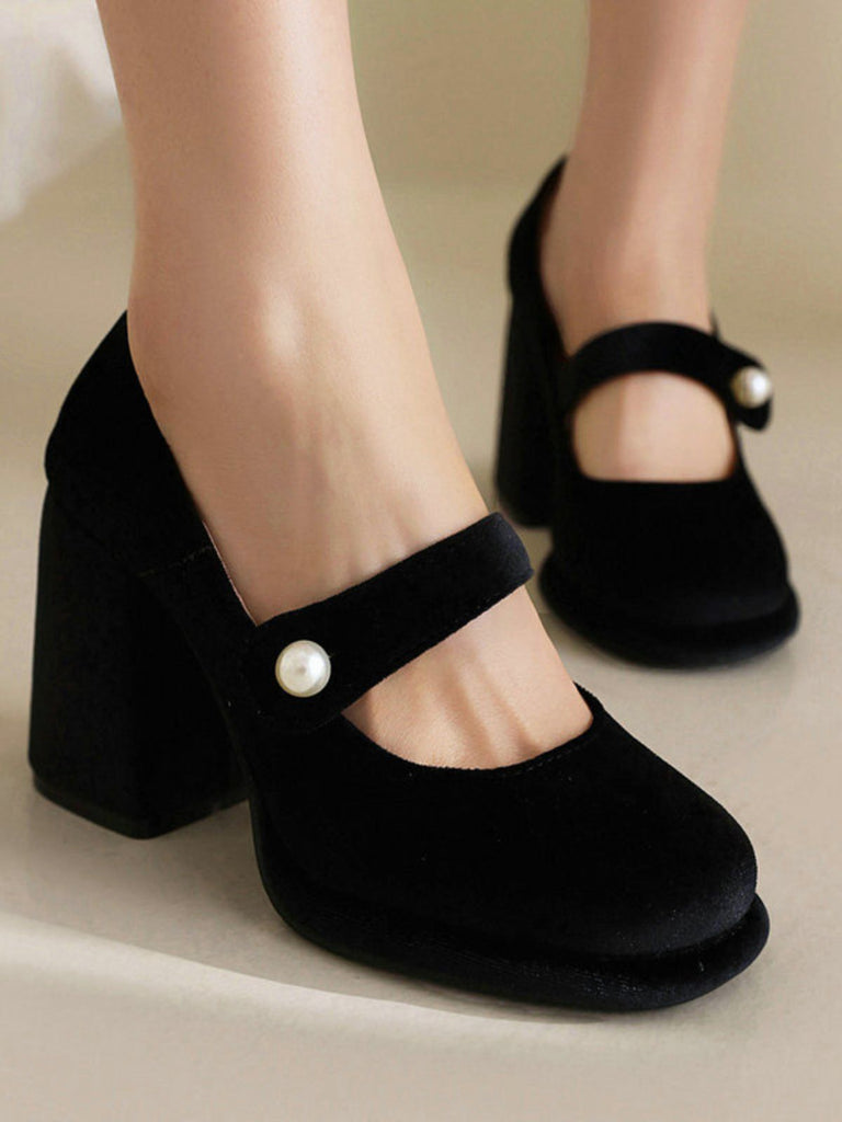 Mary Jane Velvet Pearl Button Chunky Heel Shoes