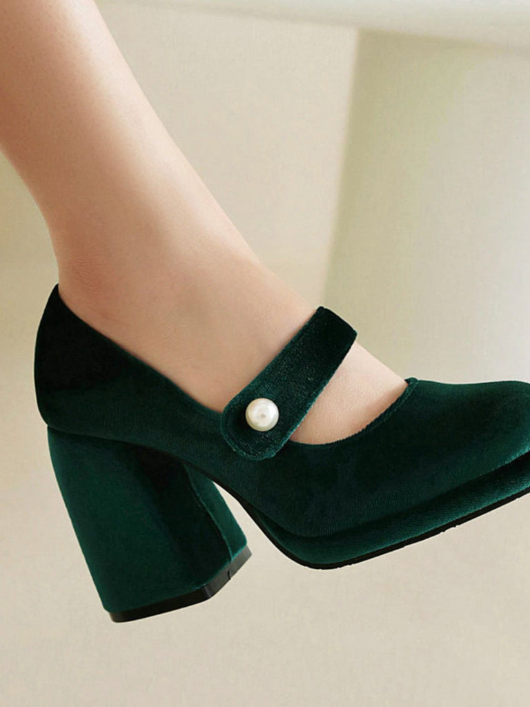 Mary Jane Velvet Pearl Button Chunky Heel Shoes