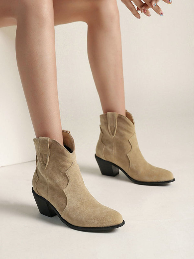 Retro Pointed Toe Solid Faux-Suede Ankle Boots